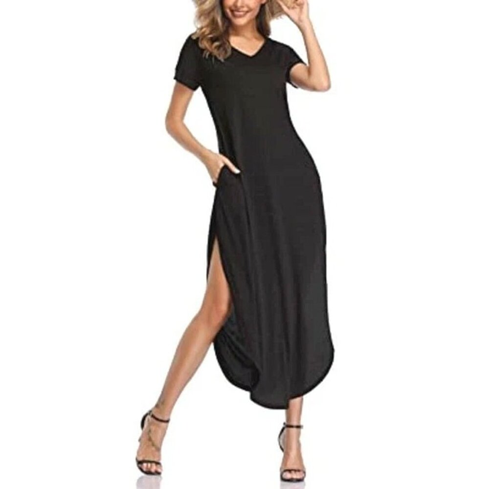 Women's Short Sleeve V Neck Side Split Beach Casual Hi/Low Maxi Dress w/Pocket L
